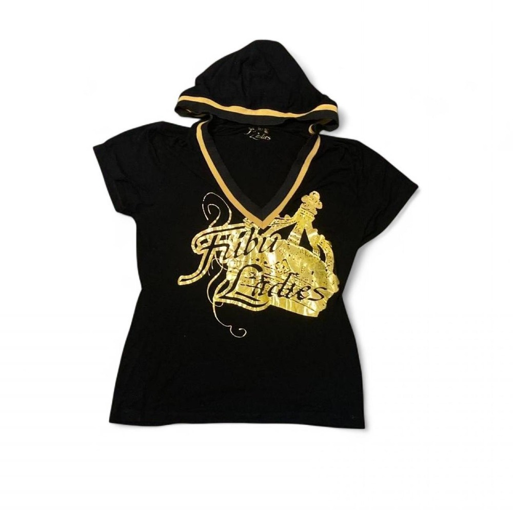 Fubu Ladies gold foil graphic hoodie short sleeve stretch vtg y2k 1X/17.75